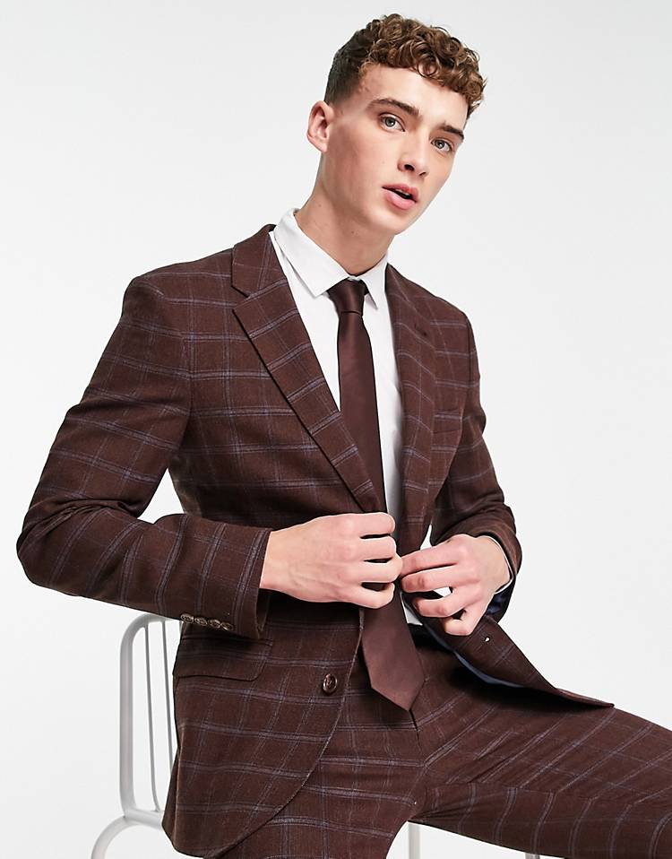 Noak wool-rich skinny suit in burgundy check